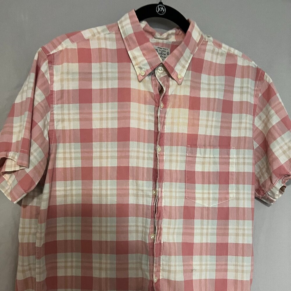 J Crew Pink Check Short Sleeve Button Up Shirt;  L